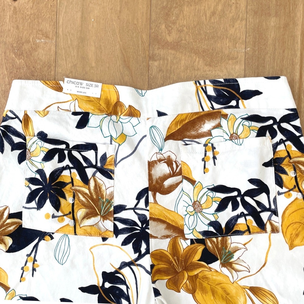 Chico's Tropic Garden Floral Stretch Linen Wide Leg Pull On Pants Size 3R 16R - Picture 15 of 16